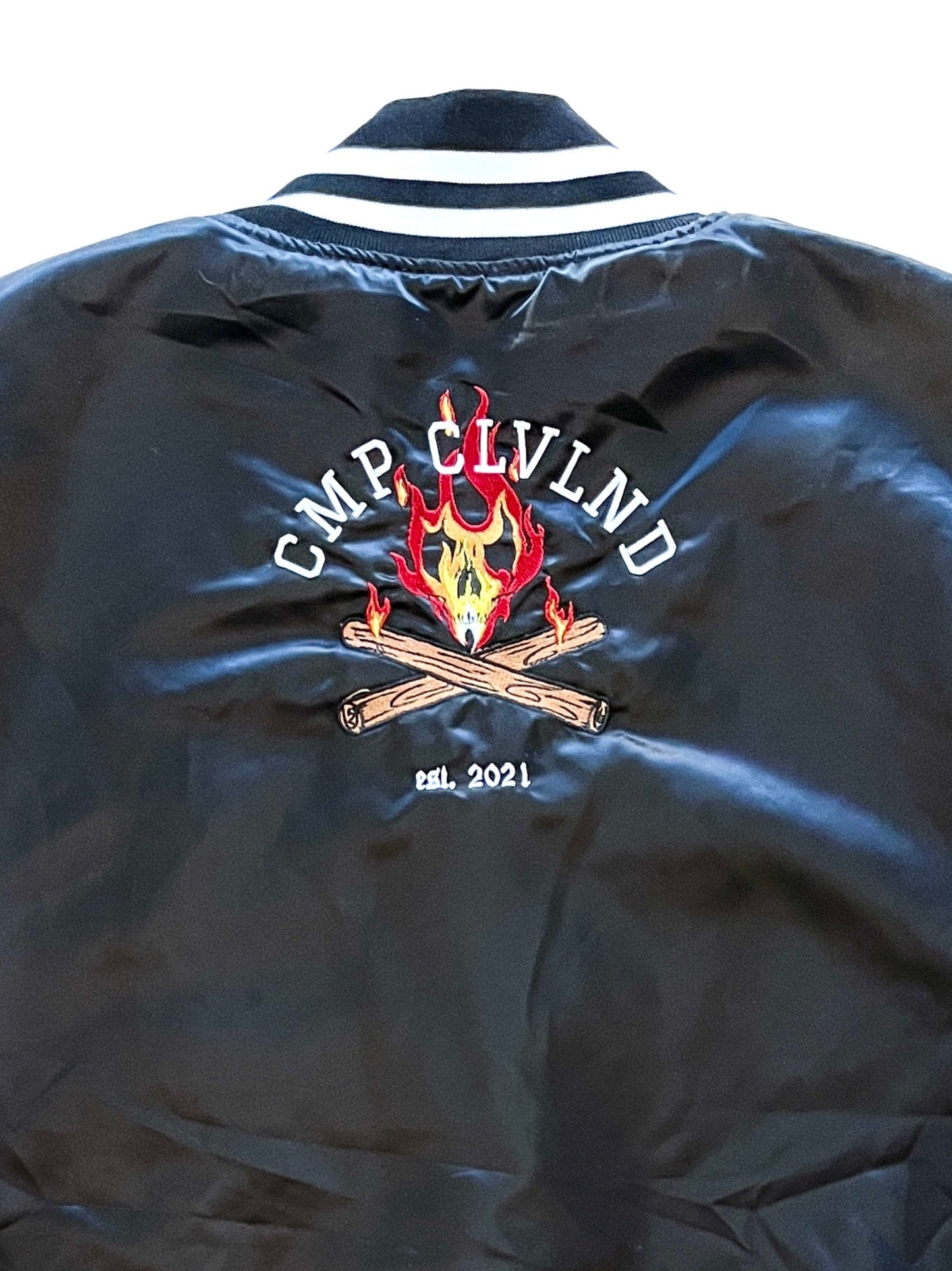 CAMP CLVLND (DARKTOBER EDITION) BLACK, Satin Baseball Jacket